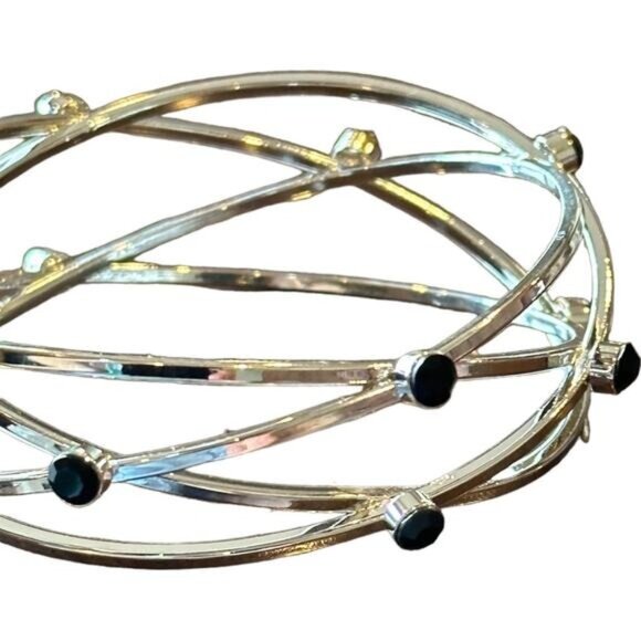 Silver Tone Intertwined Bracelet With Black Stone Accents - Picture 3 of 5